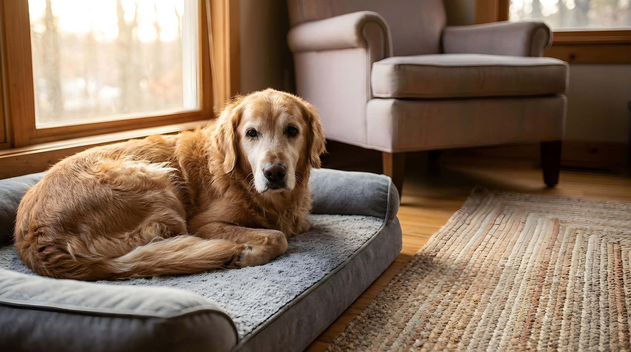 Älterer Golden Retriever ruht sich entspannt auf einem orthopädischen Hundebett in einem gemütlichen Wohnzimmer aus, weiches Tageslicht aus einem Fenster, friedvoller Blick zur Kamera. - Hüftdysplasie bei Hunden