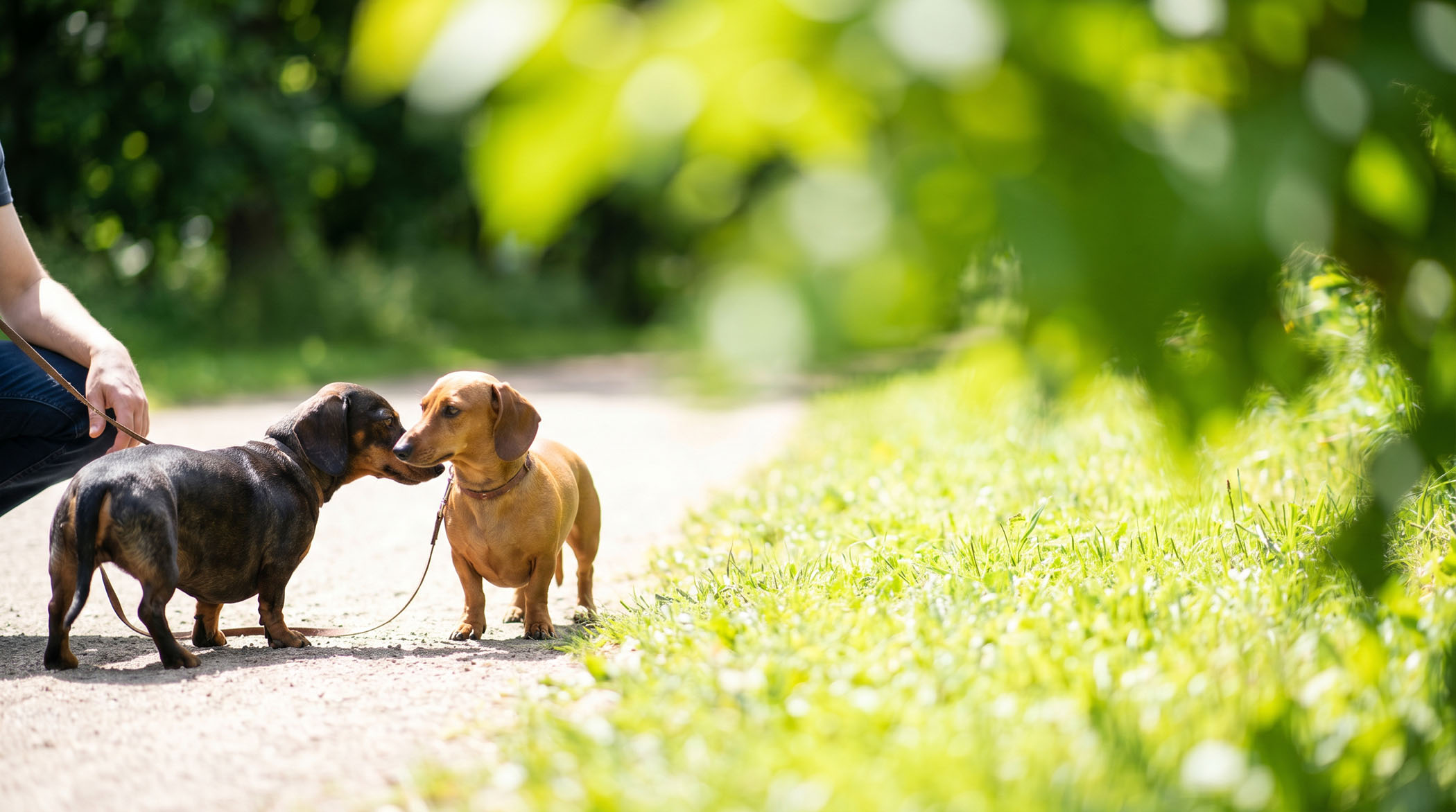 Zwei Hunde begegnen sich an lockerer Leine mit Abstand auf einem Parkweg. – Hundebegegnungen meistern