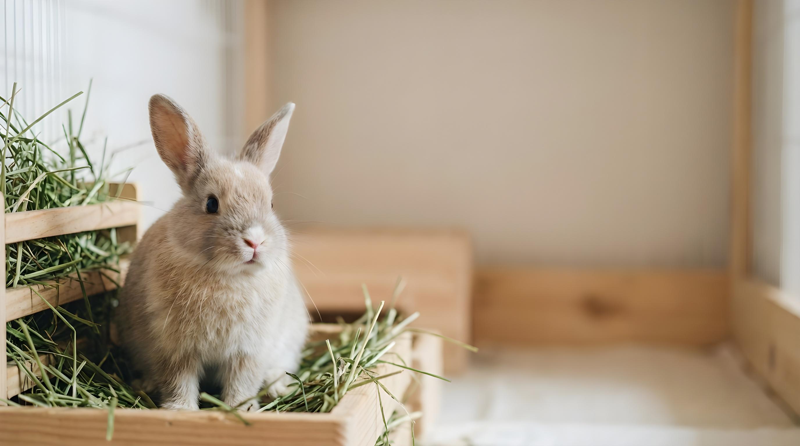 Kaninchen mit leicht pink geputztem Näschen sitzt aufmerksam in einem hellen, sauberen Innengehege, deutlich sichtbarer Heubüschel im Hintergrund; ruhige, gepflegte Atmosphäre.