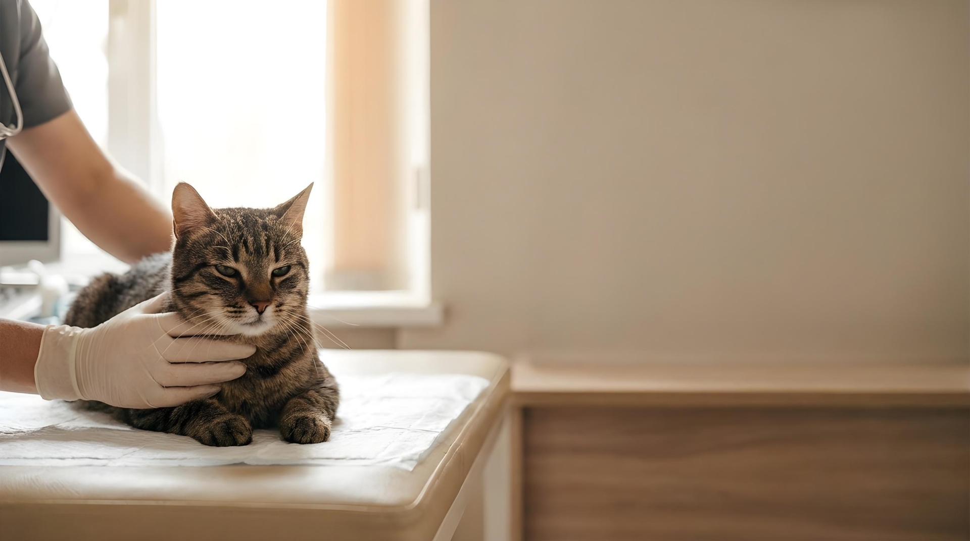 Eine ruhige Tigerkatze wird auf dem Untersuchungstisch tierärztlich versorgt – Kastration wann warum wie
