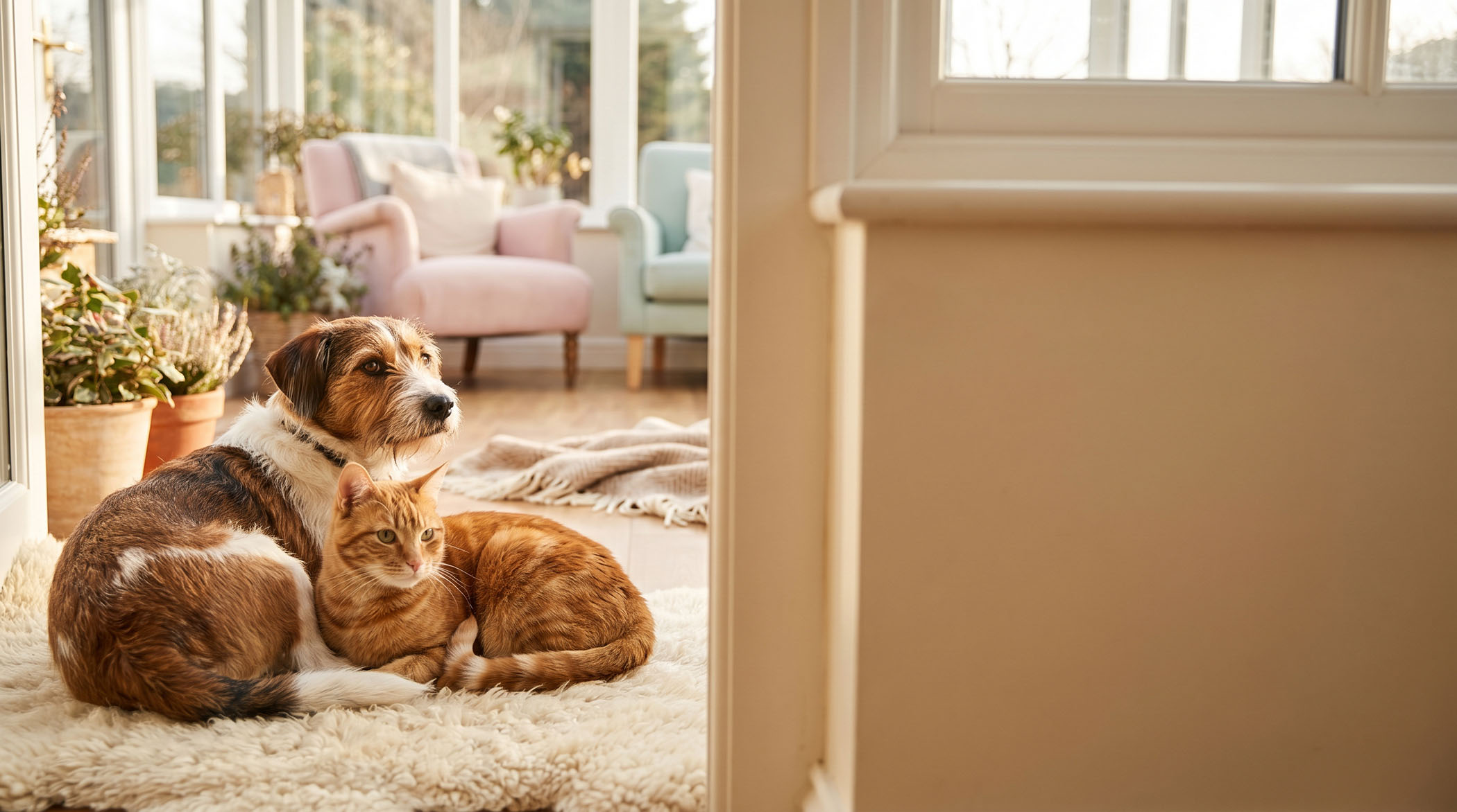 Hund und Katze liegen gepflegt nebeneinander auf einem hellen Teppich - Parasitenprophylaxe