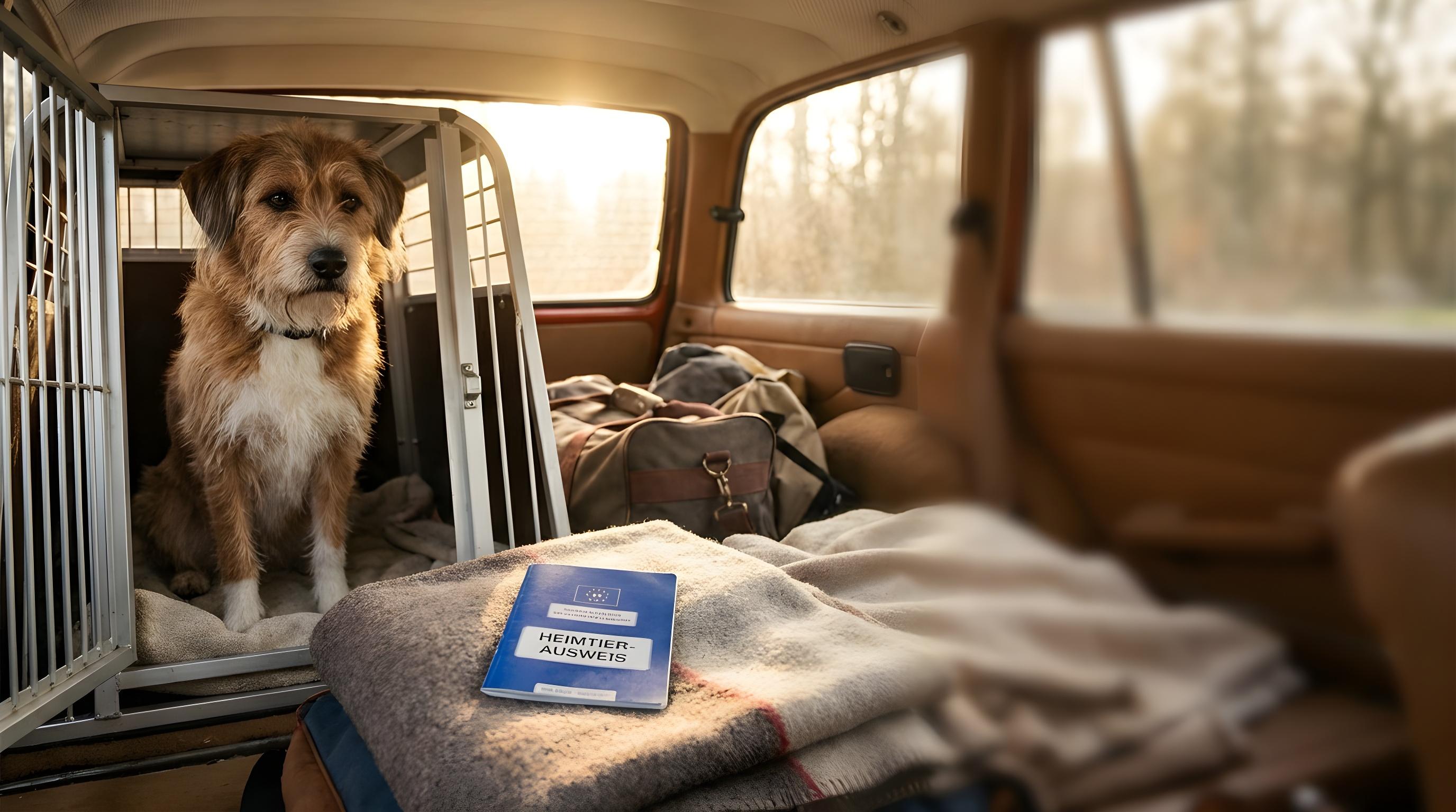 Ein Hund sitzt ruhig in einer gesicherten Transportbox im Kofferraum, daneben der EU-Heimtierausweis – Reisen mit Tier