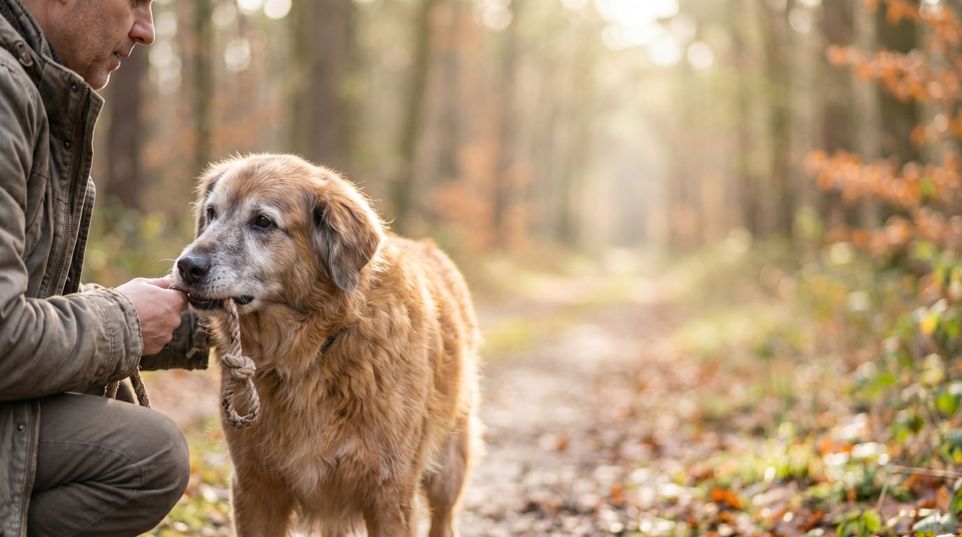 Ein älterer Mischlingshund mit grauer Schnauze ruht entspannt auf einem orthopädischen Hundebett, eine Hand liegt sanft auf seiner Schulter – Senior-Tiere adoptieren