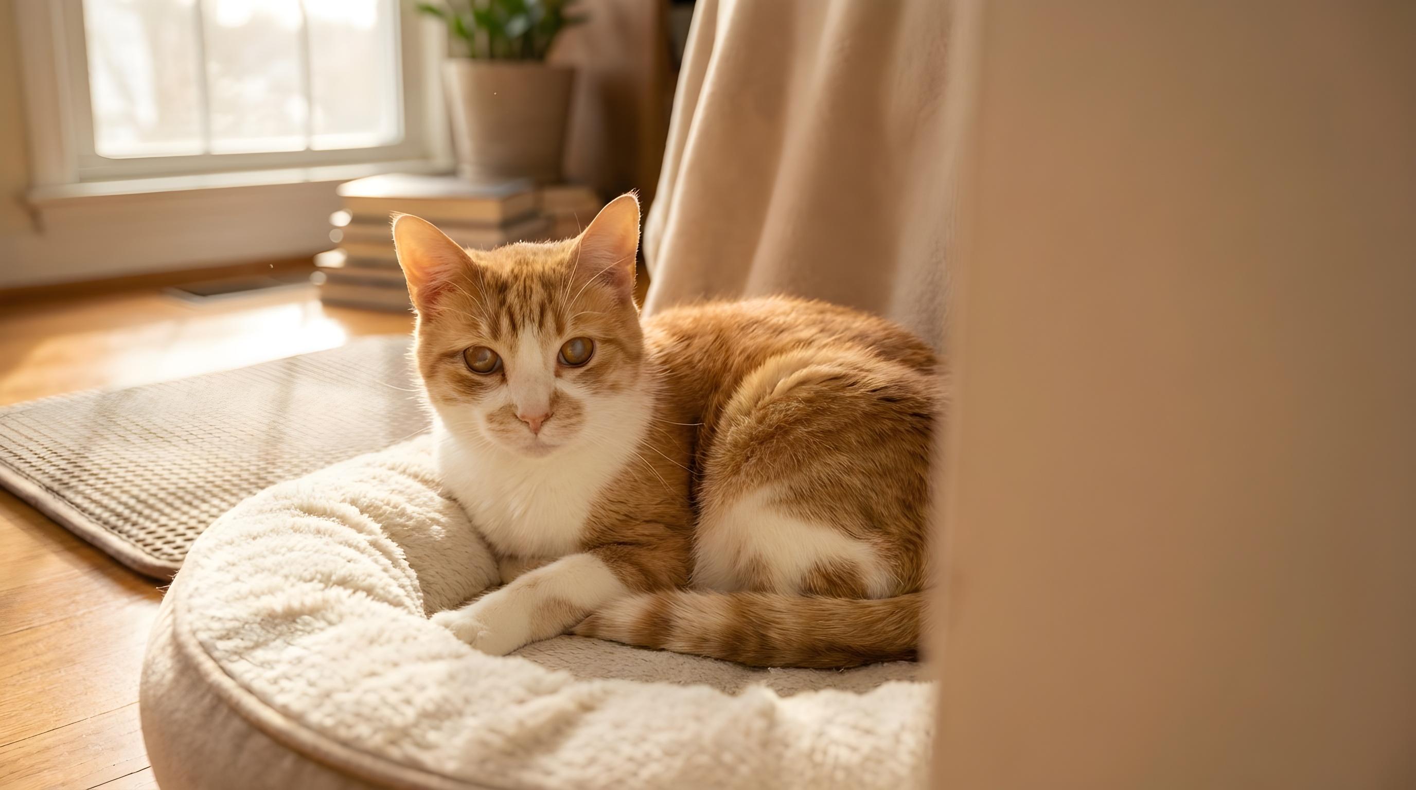 Eine Senior-Katze ruht auf einem orthopädischen Bett in einem warmen Wohnzimmer – Altersgerechte Pflege für Senior-Tiere