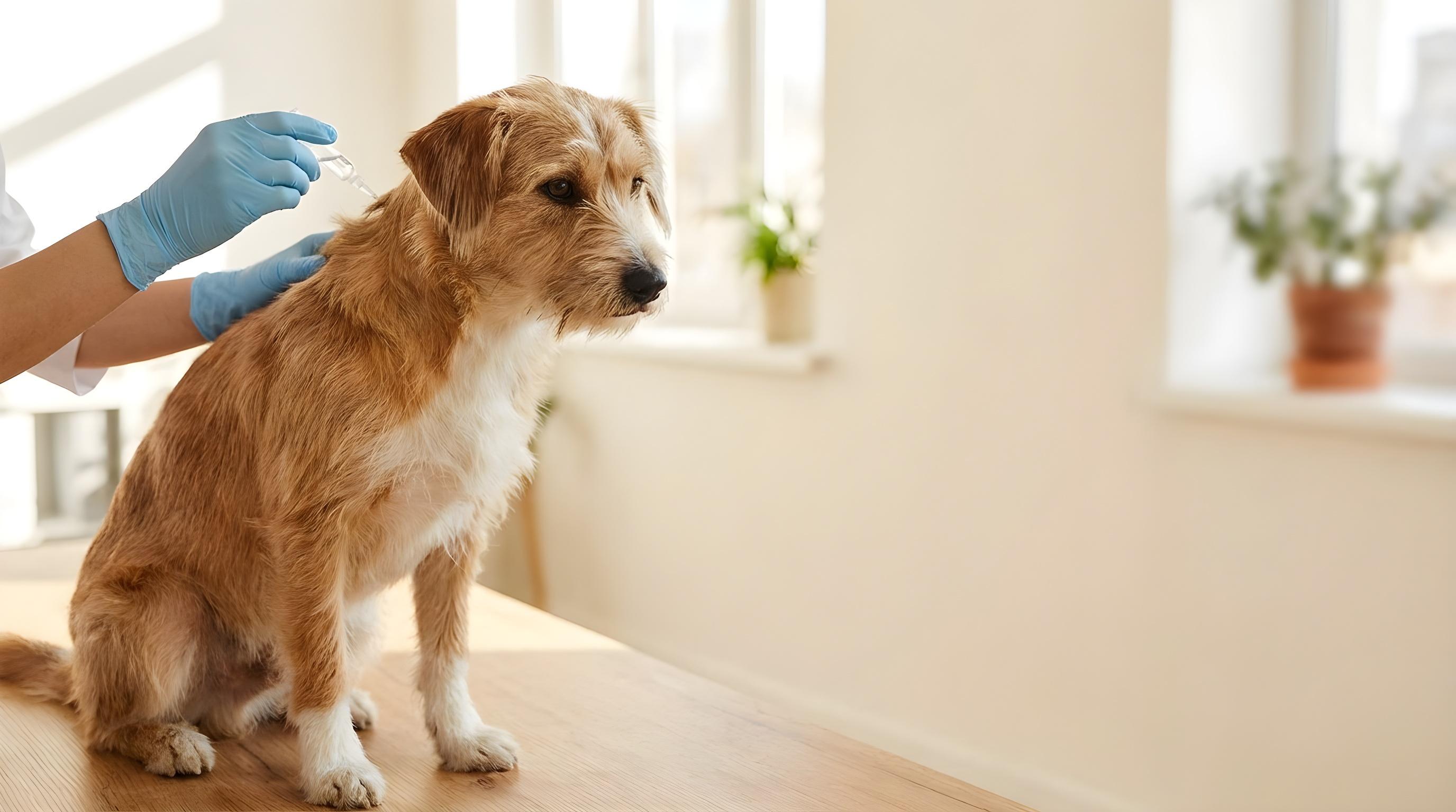 Tierärztliche Hand bringt einen Spot-on zwischen den Schulterblättern eines ruhigen Hundes an – Parasitenprophylaxe
