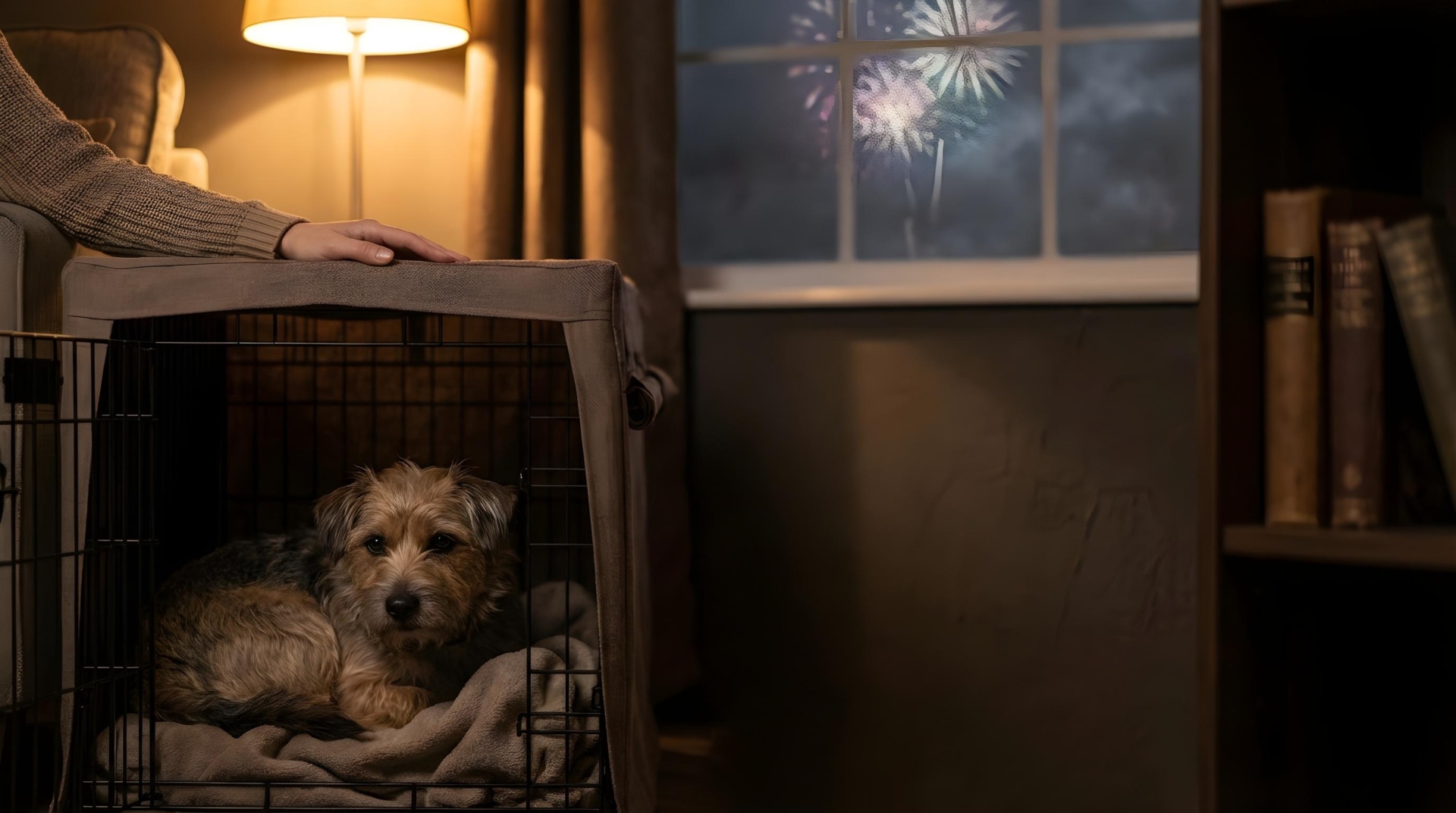 Ein kleiner Hund liegt sicher in einer abgedunkelten Transportbox, eine ruhige Hand daneben – Silvester und Giftköder