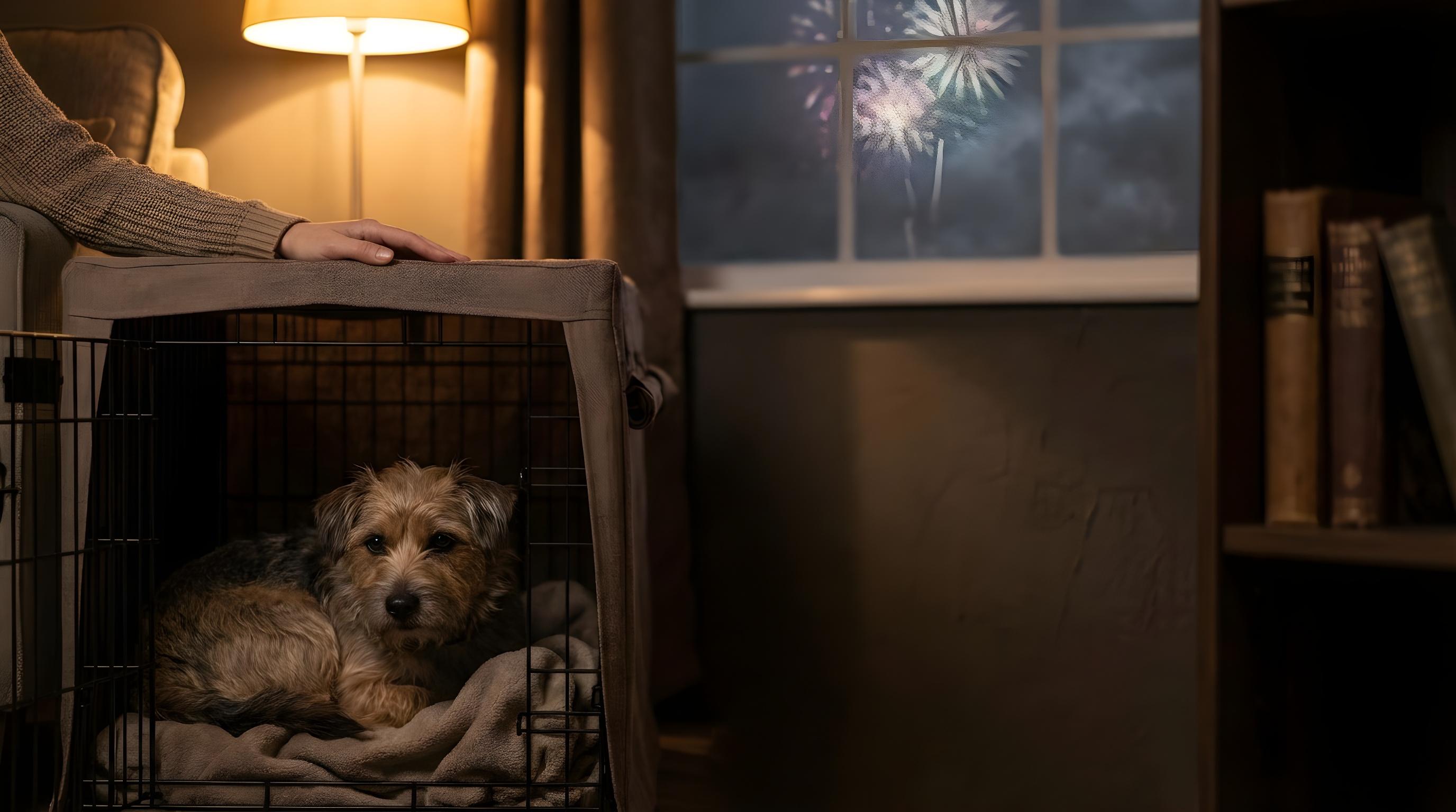 Ein kleiner Hund liegt sicher in einer abgedunkelten Transportbox, eine ruhige Hand daneben – Silvester und Giftköder