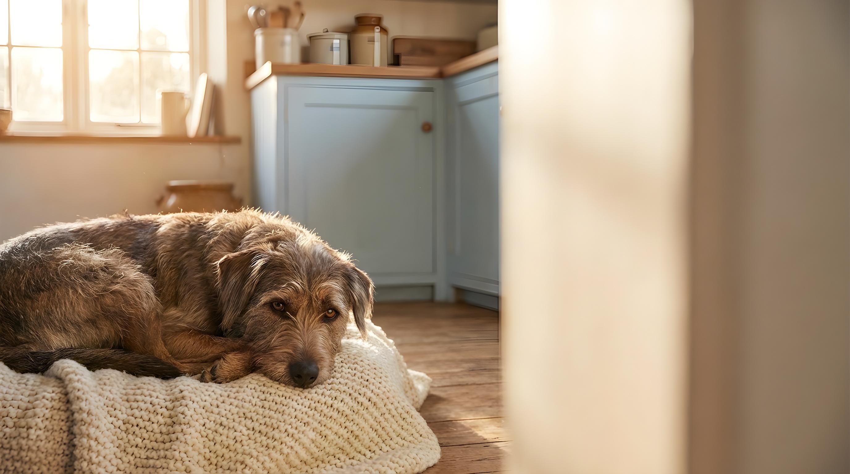 Mittelgroßer Hund (Mischling) liegt ruhig auf einer Decke, aufmerksamer, etwas müder Blick zur Kamera; warmes Zuhause, Tee oder Wasser im Hintergrund sichtbar als Hinweis auf Ruhephase. - Zwingerhusten bei Hunden