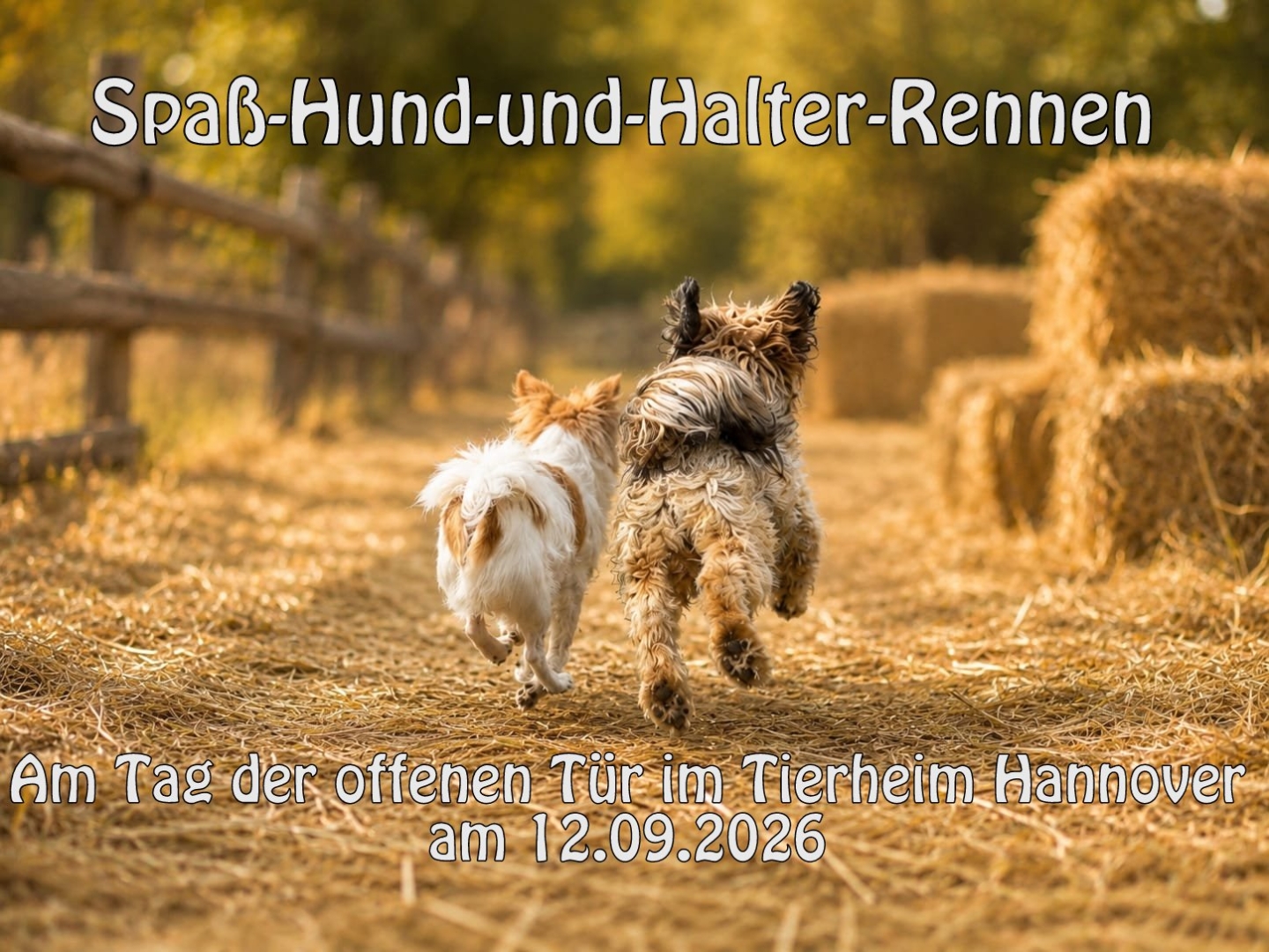 Plakat zum Spaß-Hund-und-Halter-Rennen am Tag der offenen Tür 2026.