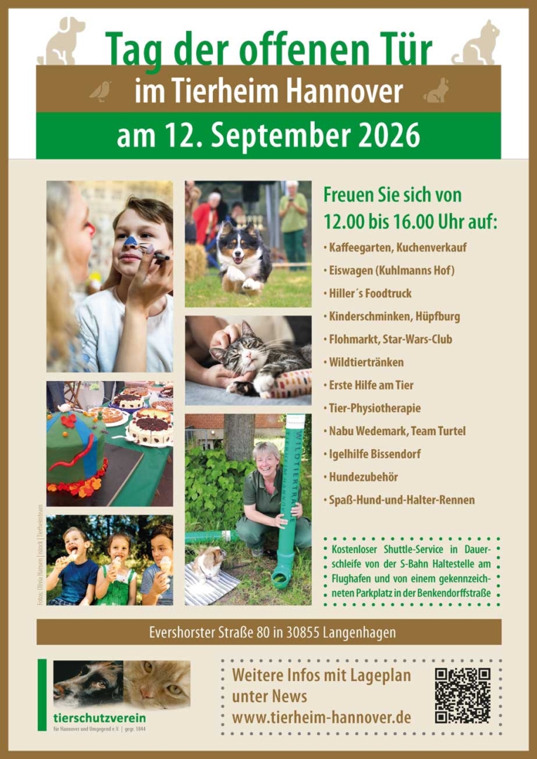 Programmplakat zum Tag der offenen Tür im Tierheim Hannover am 12. September 2026.