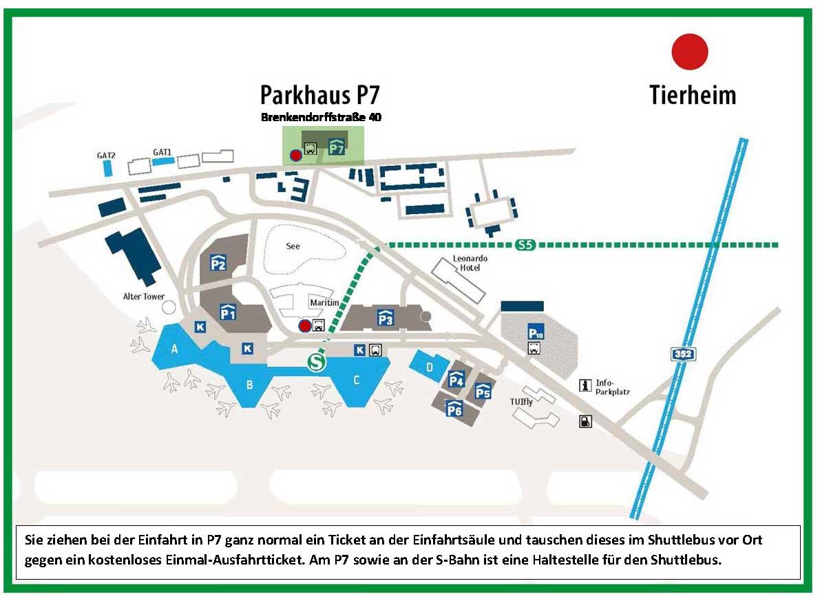 Shuttleplan mit markierten Haltestellen am Parkhaus P7 und an der S-Bahn am Flughafen Hannover.